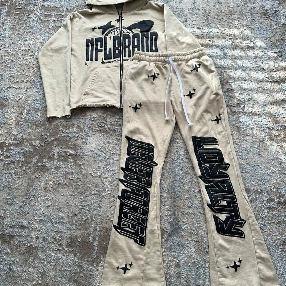 Beige Graphic Hoodie and Pants Set